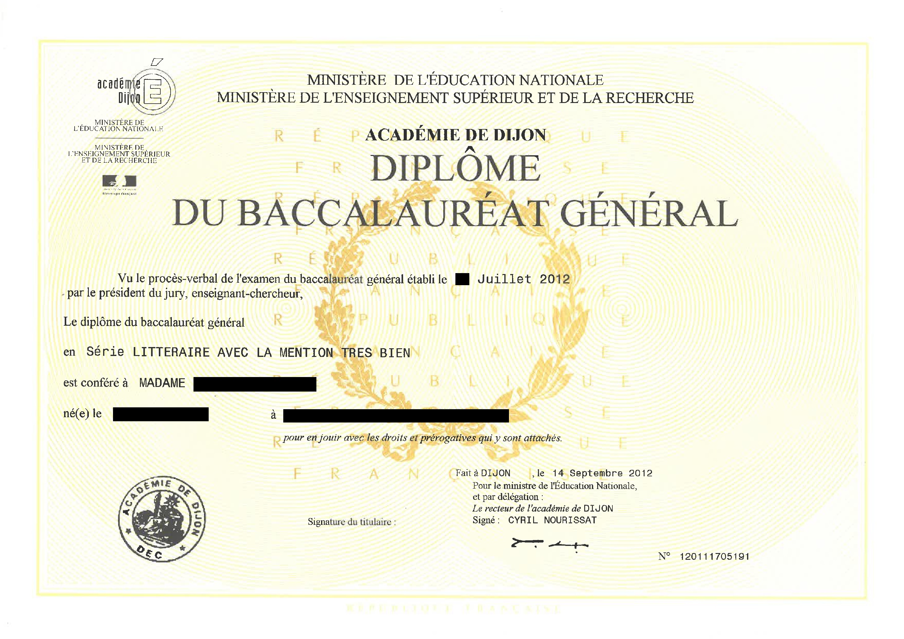 Traduction officielle diplôme du baccalauréat français